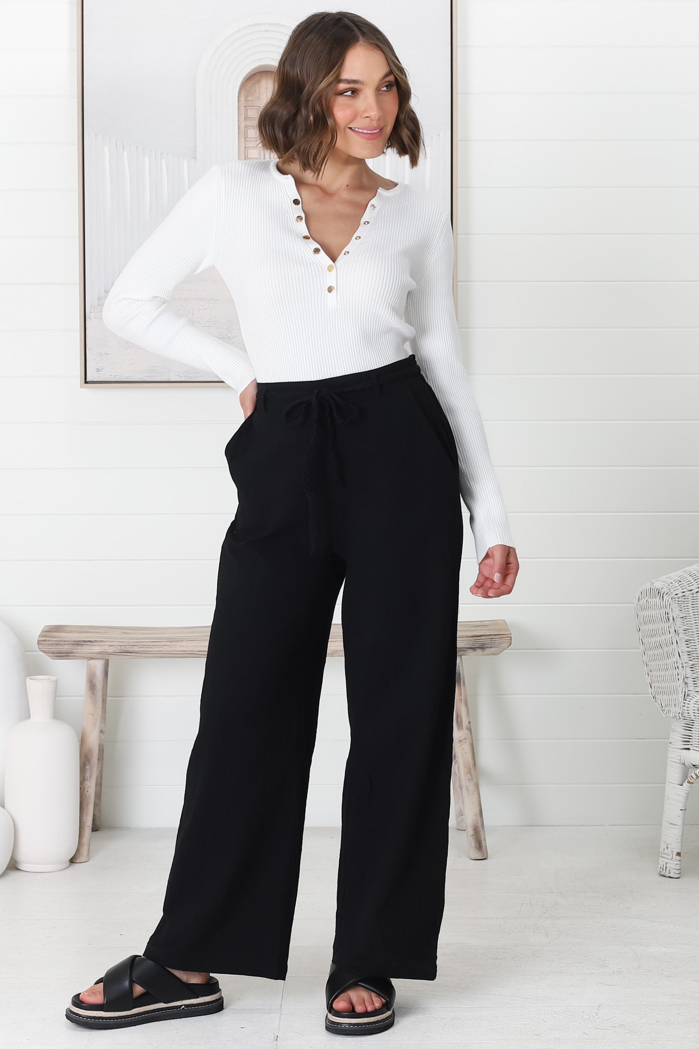 Roswell Pants - Cotton Wide Leg Pant with Plaited Belt in Black