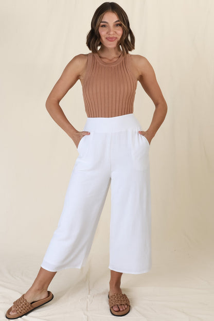 Wyatt Pants - Linen Blend 3/4 Cropped Pants with Pockets in White