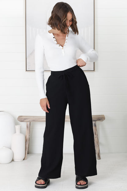 Roswell Pants - Cotton Wide Leg Pant with Plaited Belt in Black