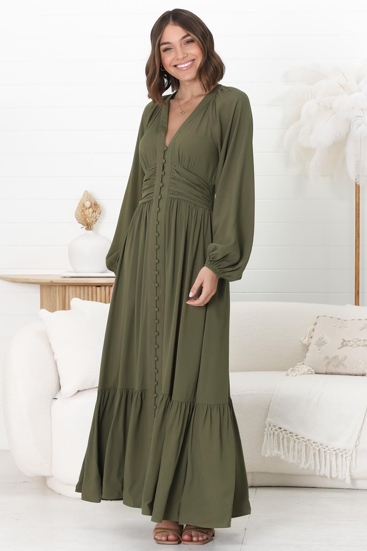 Agatha Maxi Dress - A Line Dress with Gathered Waistline and Long Sleeves in Olive