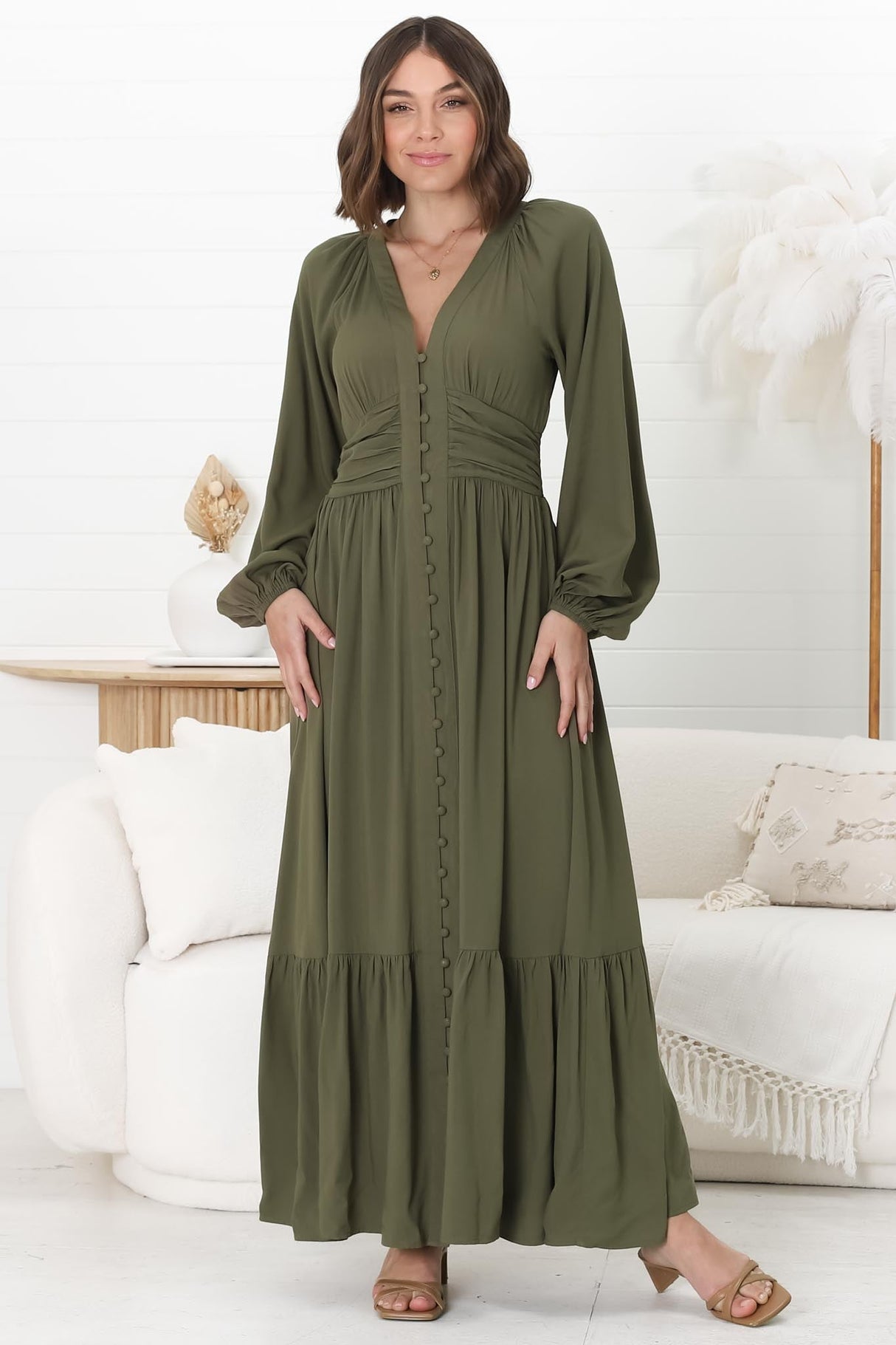 Agatha Maxi Dress - A Line Dress with Gathered Waistline and Long Sleeves in Olive