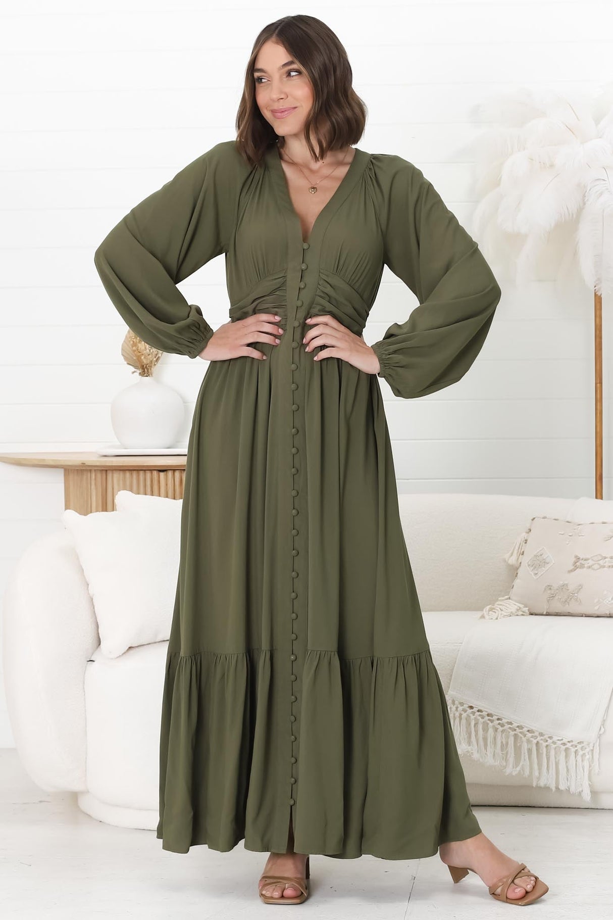 Agatha Maxi Dress - A Line Dress with Gathered Waistline and Long Sleeves in Olive