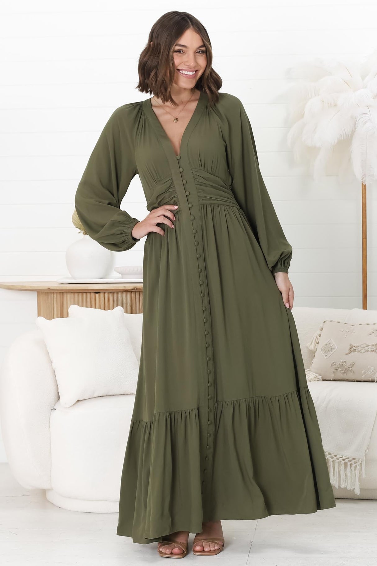 Agatha Maxi Dress - A Line Dress with Gathered Waistline and Long Sleeves in Olive