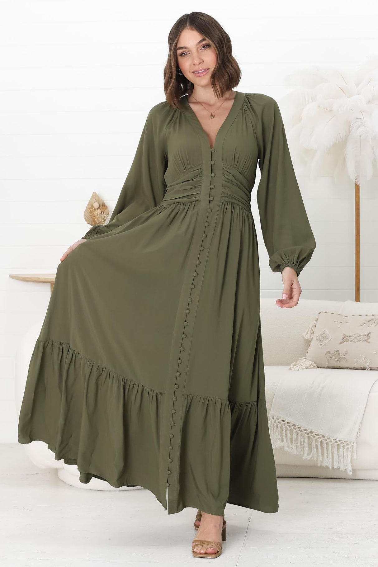 Agatha Maxi Dress - A Line Dress with Gathered Waistline and Long Sleeves in Olive