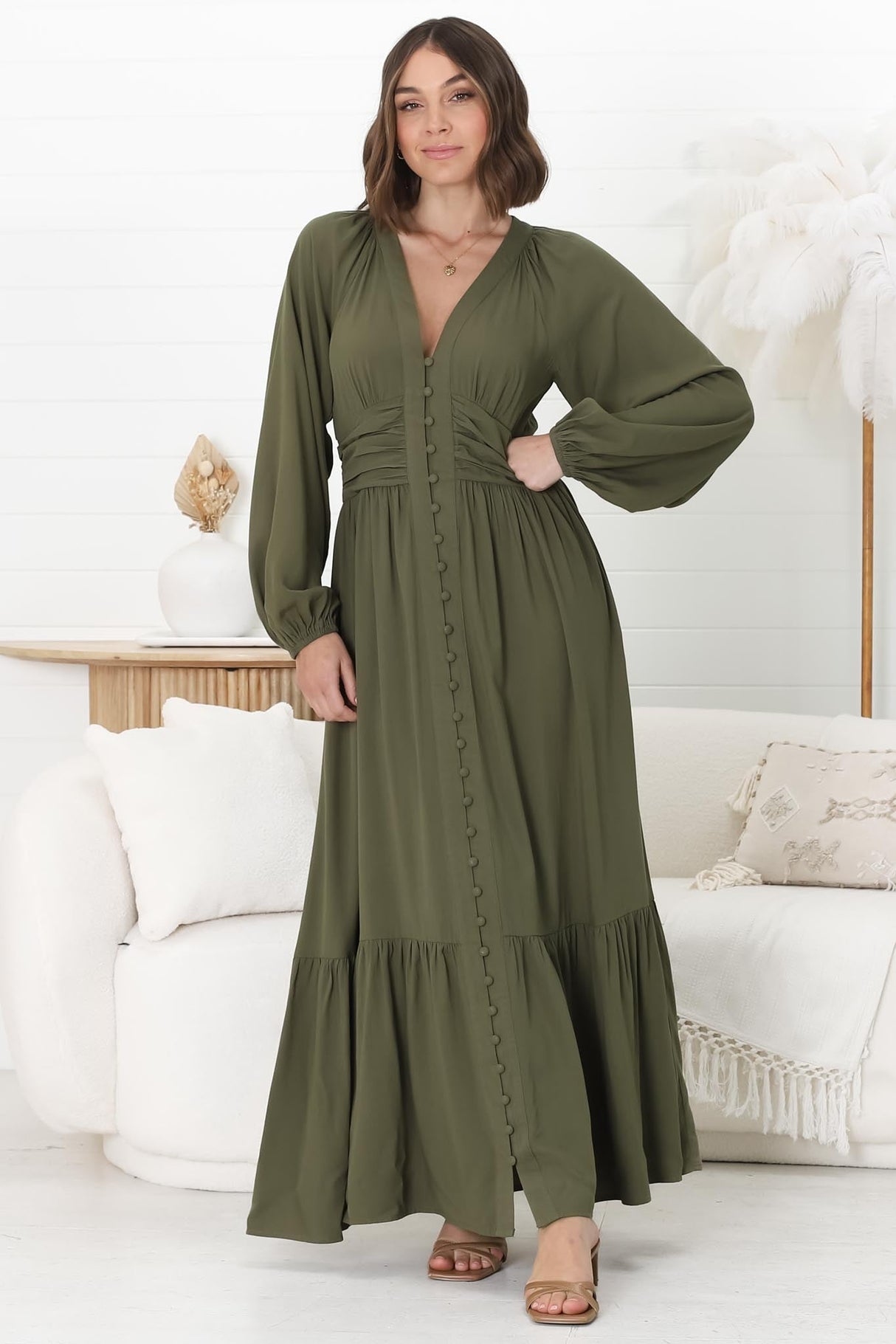 Agatha Maxi Dress - A Line Dress with Gathered Waistline and Long Sleeves in Olive