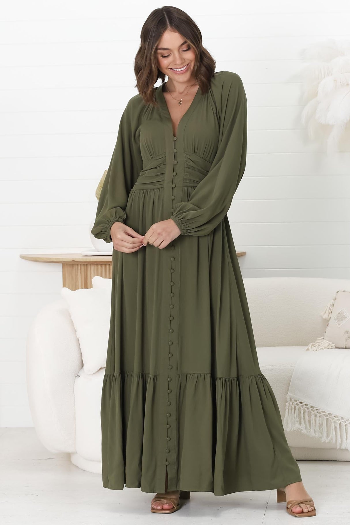 Agatha Maxi Dress - A Line Dress with Gathered Waistline and Long Sleeves in Olive