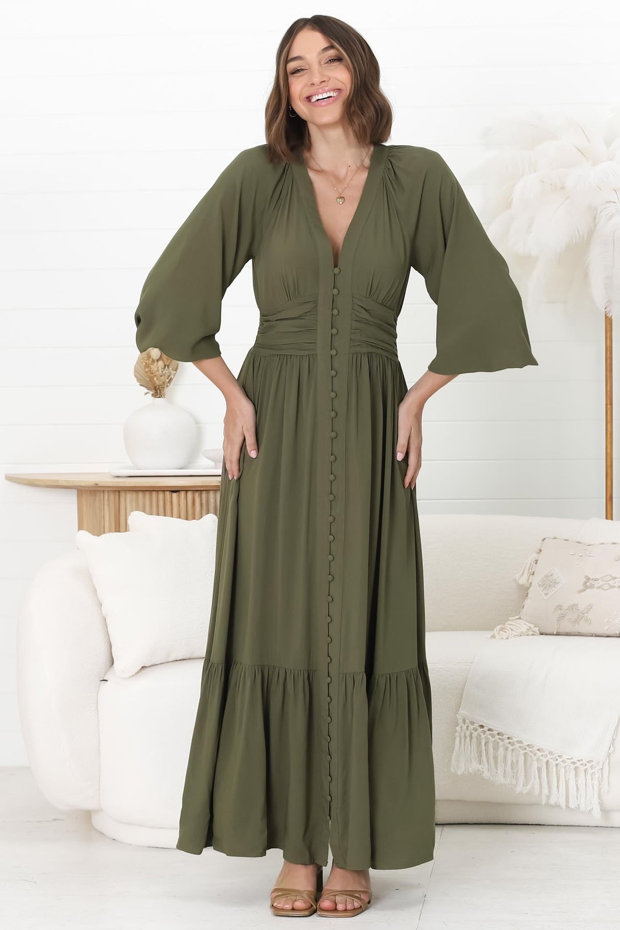 Agatha Maxi Dress - A Line Dress with Gathered Waistline and Long Sleeves in Olive
