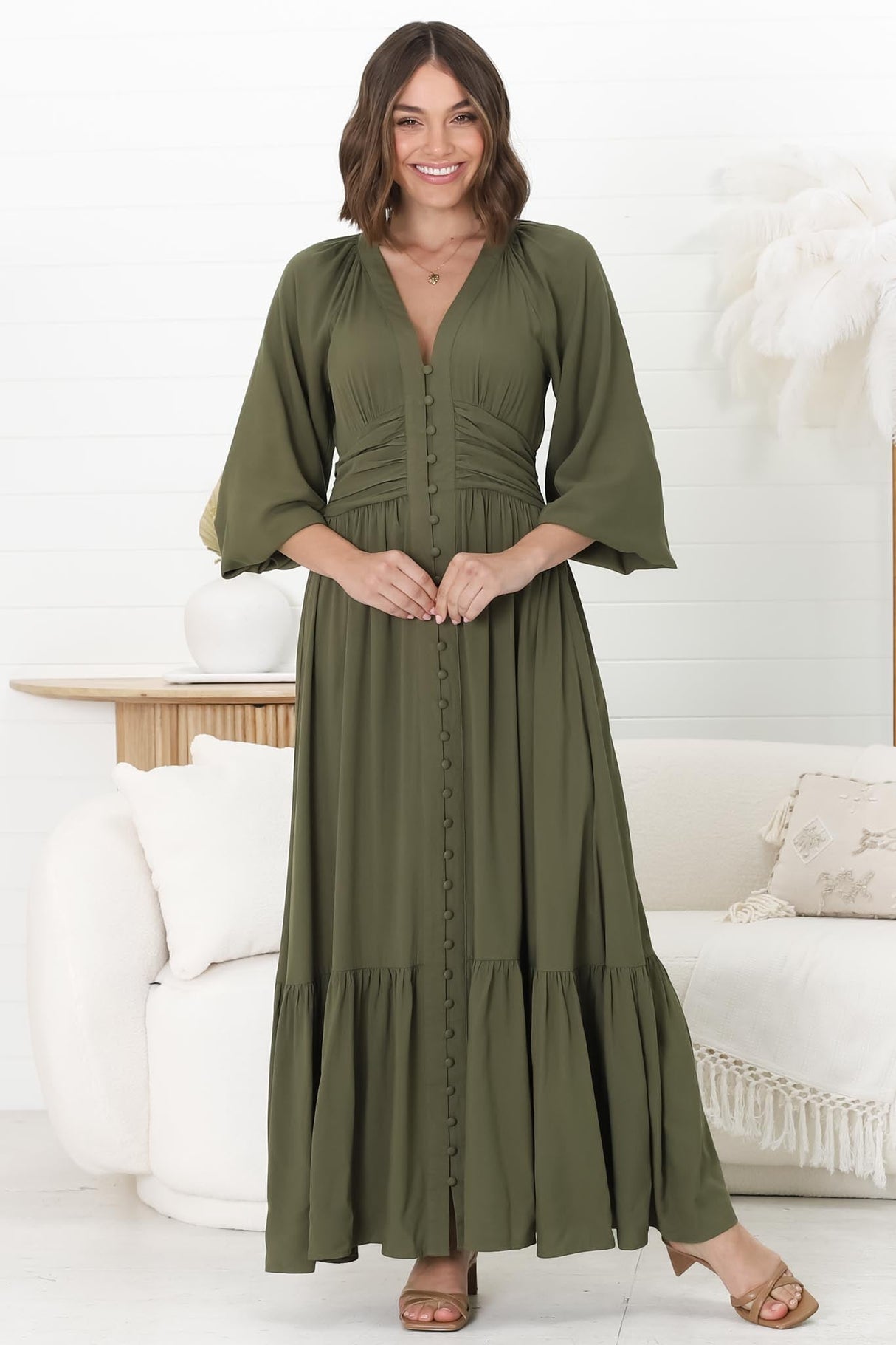 Agatha Maxi Dress - A Line Dress with Gathered Waistline and Long Sleeves in Olive