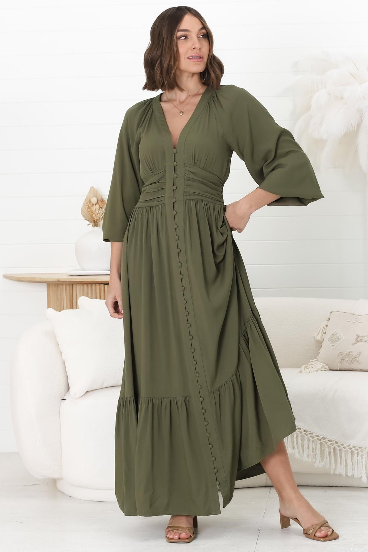 Agatha Maxi Dress - A Line Dress with Gathered Waistline and Long Sleeves in Olive