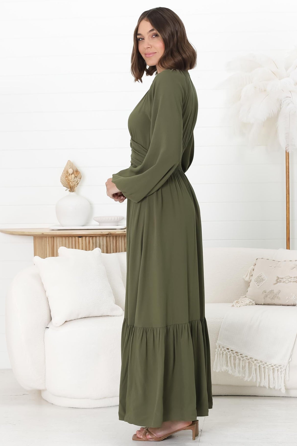 Agatha Maxi Dress - A Line Dress with Gathered Waistline and Long Sleeves in Olive