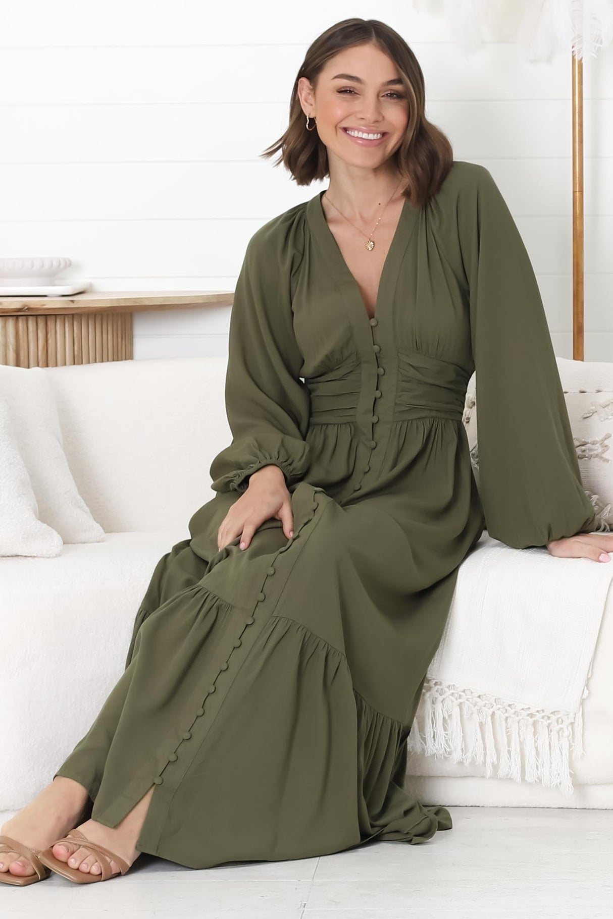 Agatha Maxi Dress - A Line Dress with Gathered Waistline and Long Sleeves in Olive