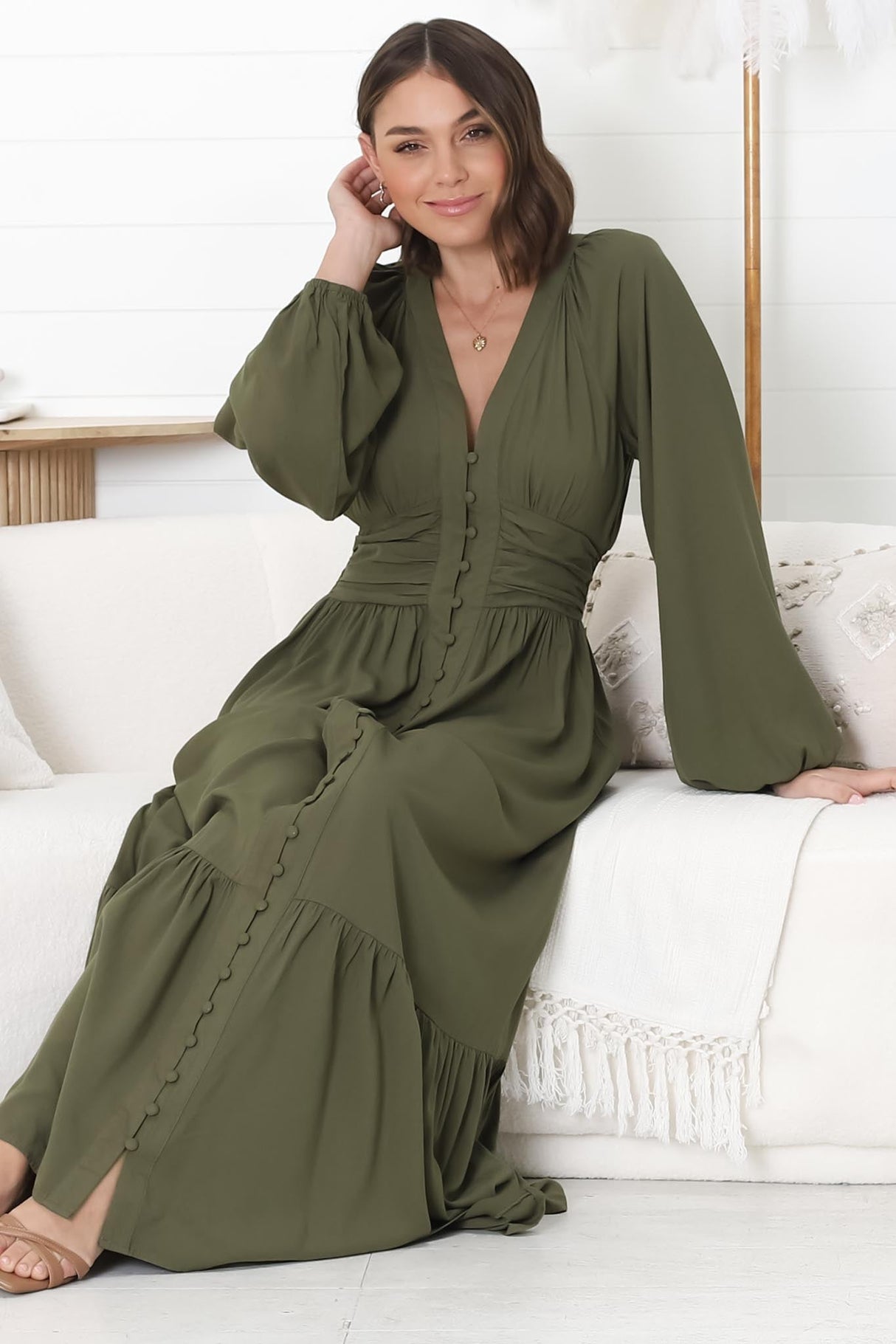 Agatha Maxi Dress - A Line Dress with Gathered Waistline and Long Sleeves in Olive