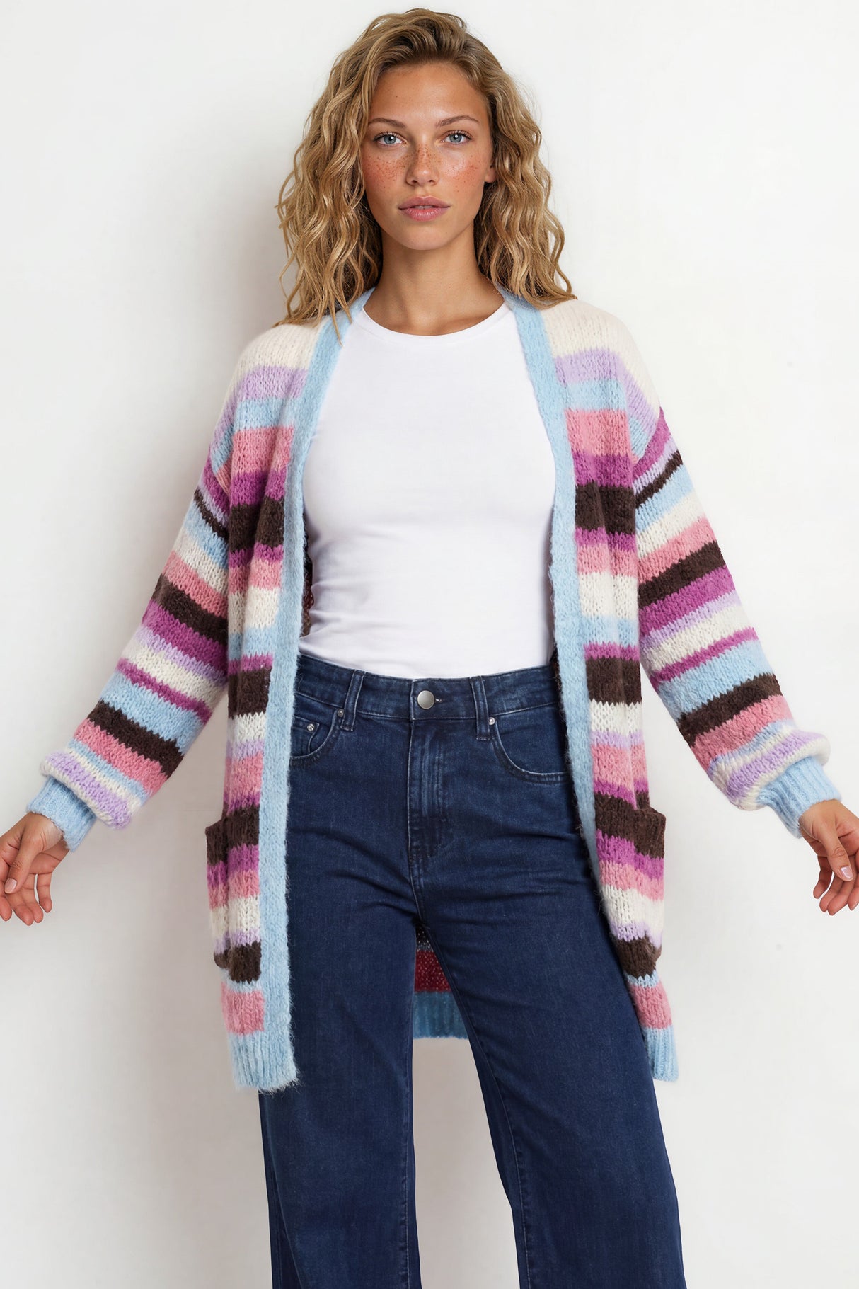 Model wearing Iggy Cardigan in Blue/Purple from Salty Crush