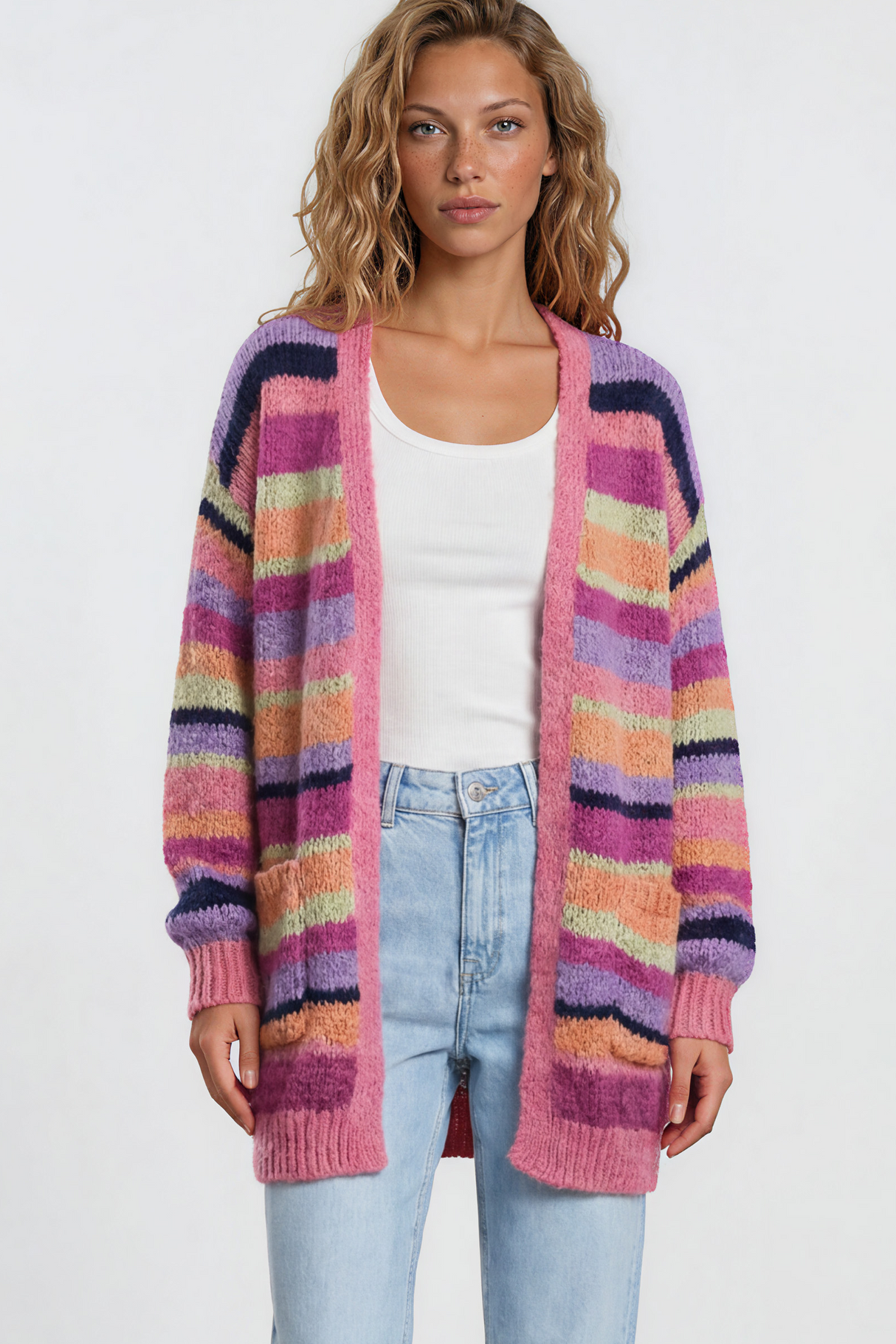 Model wearing Iggy Cardigan in Hot Pink Multi from Salty Crush