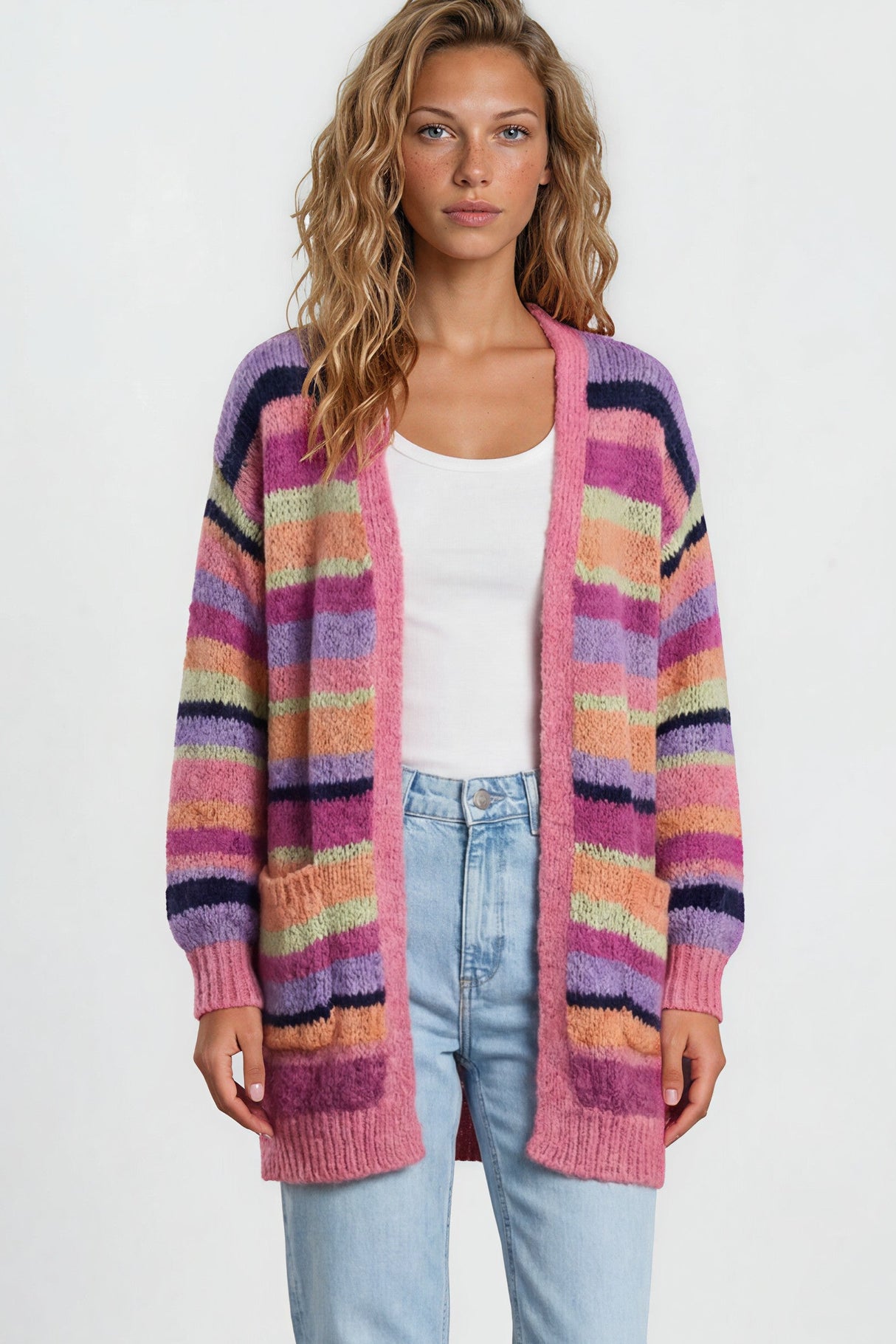 Model wearing Iggy Cardigan in Hot Pink Multi from Salty Crush