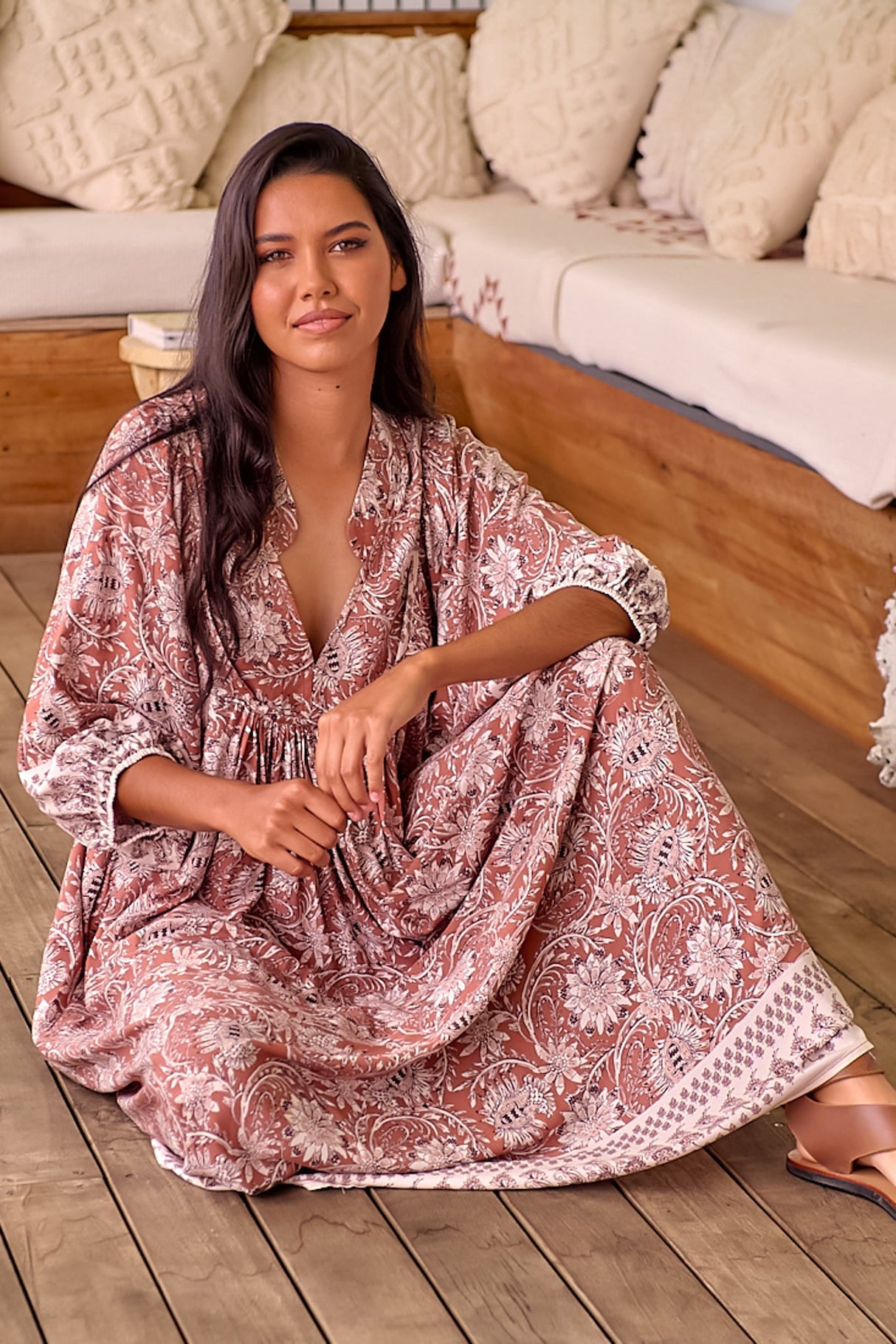 JAASE - Boheme Midi Dress: Piping Defined Bust Slimline Smock Dress In Indah Print