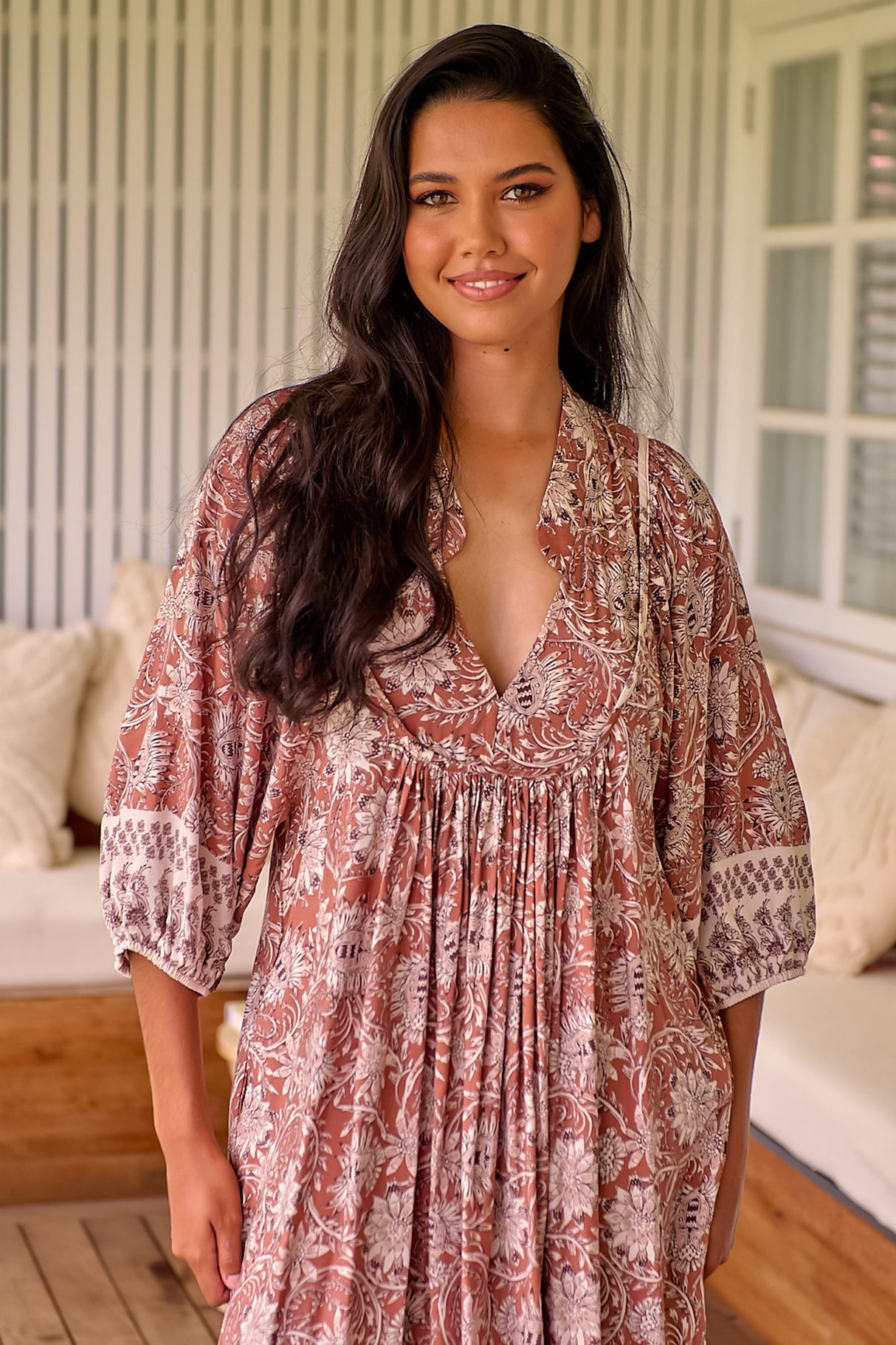 JAASE - Boheme Midi Dress: Piping Defined Bust Slimline Smock Dress In Indah Print