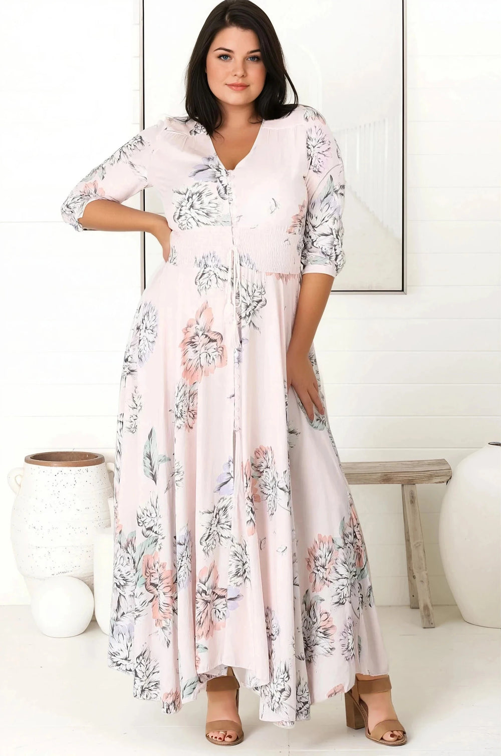 JAASE - Indiana Maxi Dress: Lace Back Shirred Waist A Line Dress with Handkerchief Hemline in Blooming Bouquet Print