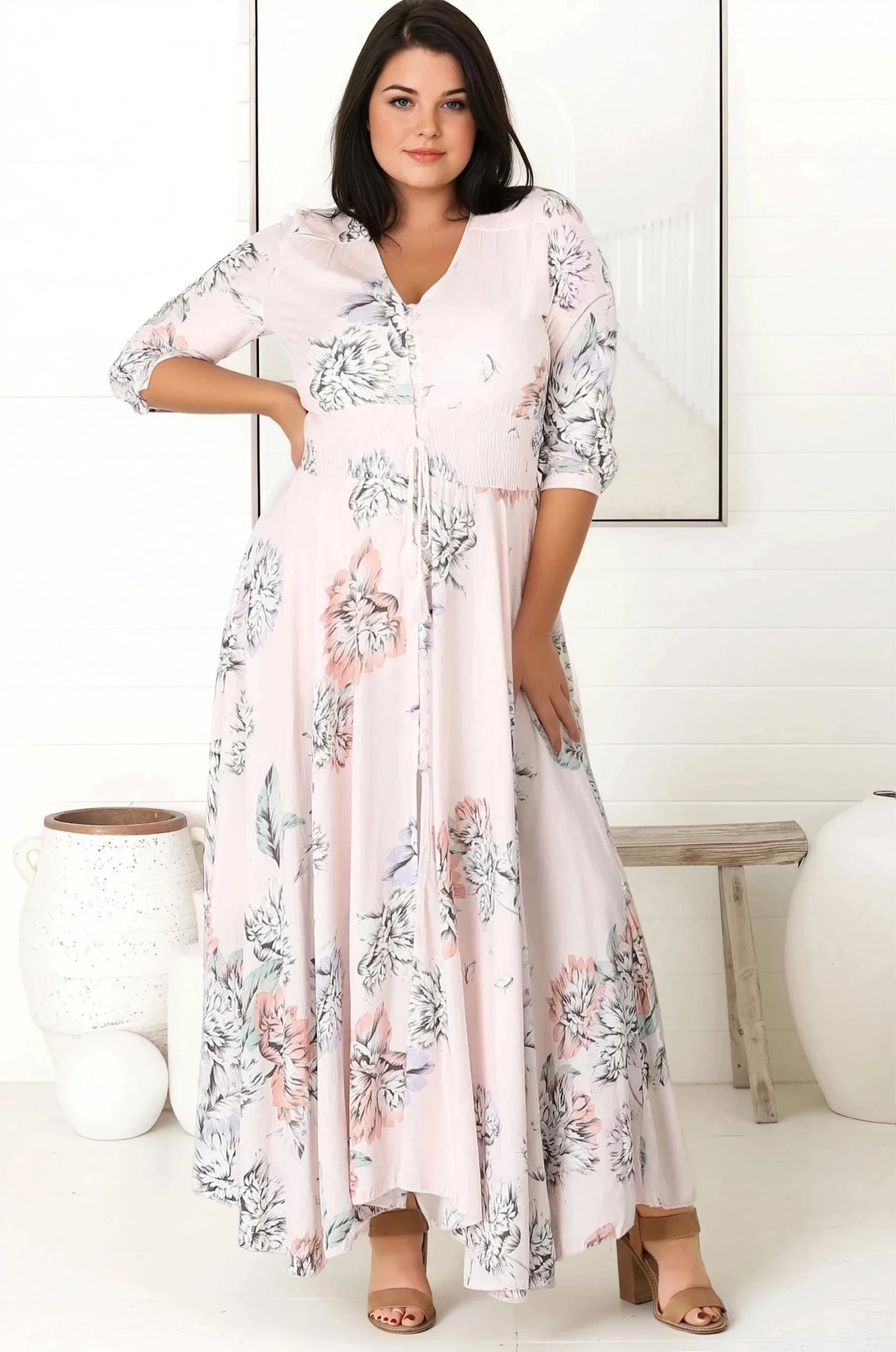 JAASE - Indiana Maxi Dress: Lace Back Shirred Waist A Line Dress with Handkerchief Hemline in Blooming Bouquet Print