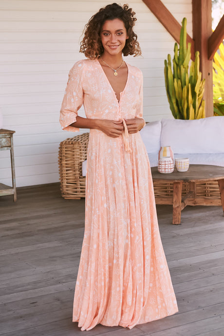 JAASE - Indiana Maxi Dress: Lace Back Shirred Waist A Line Dress with Handkerchief Hemline in Peach Island Print