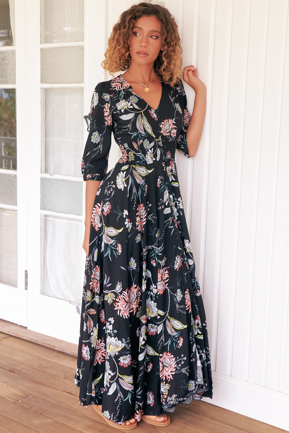 JAASE - Indiana Maxi Dress: Lace Back Shirred Waist A Line Dress with Handkerchief Hemline in Under The Stars Print