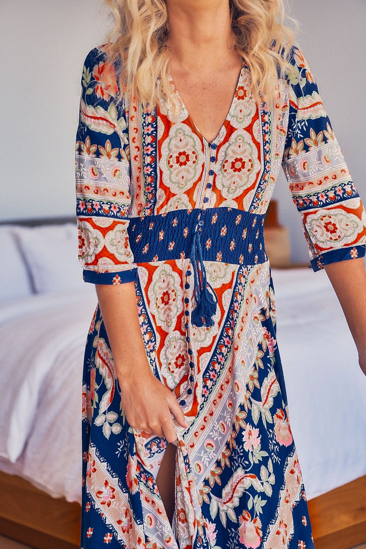 JAASE - Indiana Maxi Dress: Lace Back Shirred Waist A Line Dress with Handkerchief Hemline in Asha Print