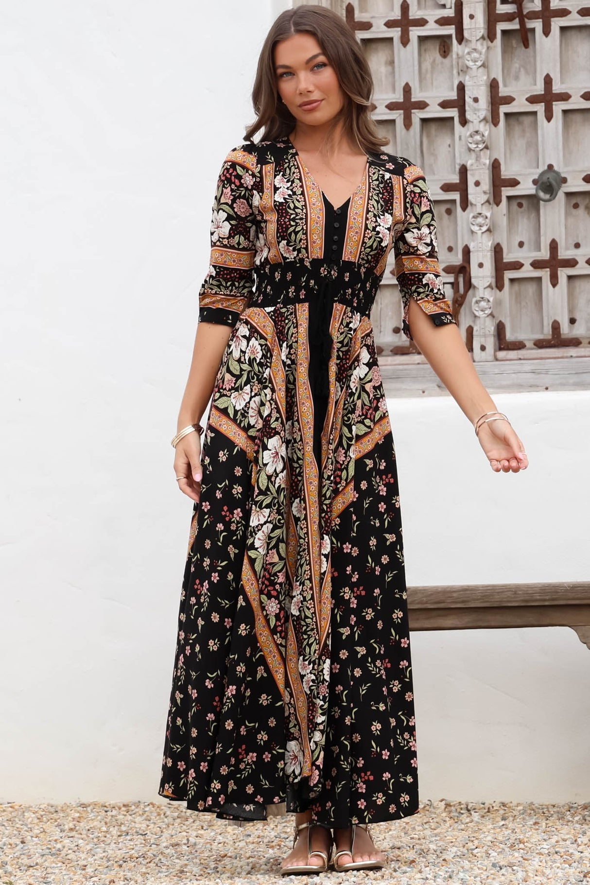 JAASE - Indiana Maxi Dress: Lace Back Shirred Waist A Line Dress with Handkerchief Hemline in Eternity Print