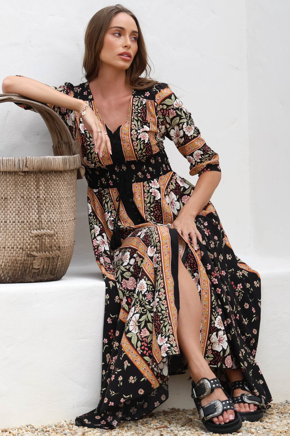 JAASE - Indiana Maxi Dress: Lace Back Shirred Waist A Line Dress with Handkerchief Hemline in Eternity Print