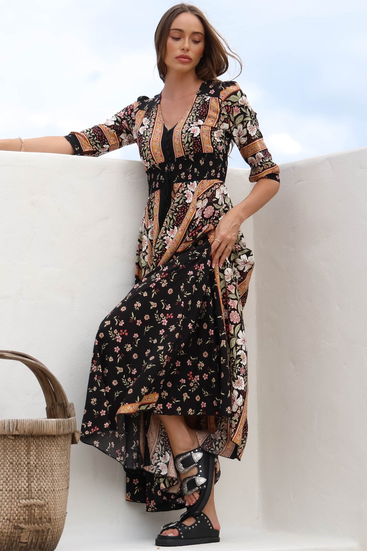 JAASE - Indiana Maxi Dress: Lace Back Shirred Waist A Line Dress with Handkerchief Hemline in Eternity Print