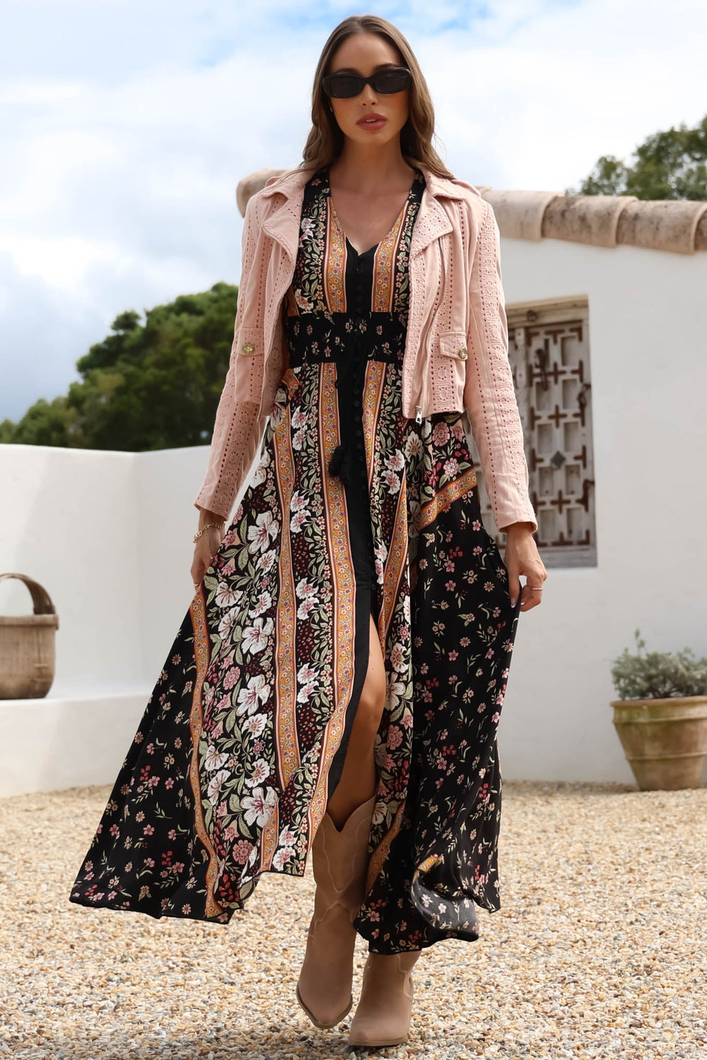 JAASE - Indiana Maxi Dress: Lace Back Shirred Waist A Line Dress with Handkerchief Hemline in Eternity Print