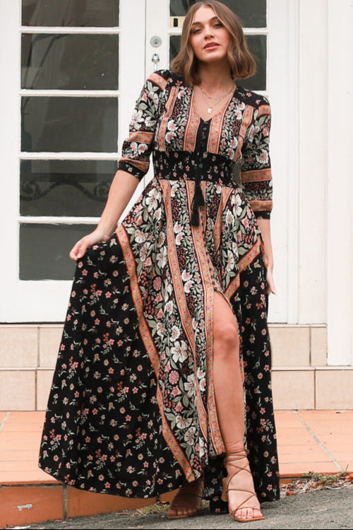 JAASE - Indiana Maxi Dress: Lace Back Shirred Waist A Line Dress with Handkerchief Hemline in Eternity Print