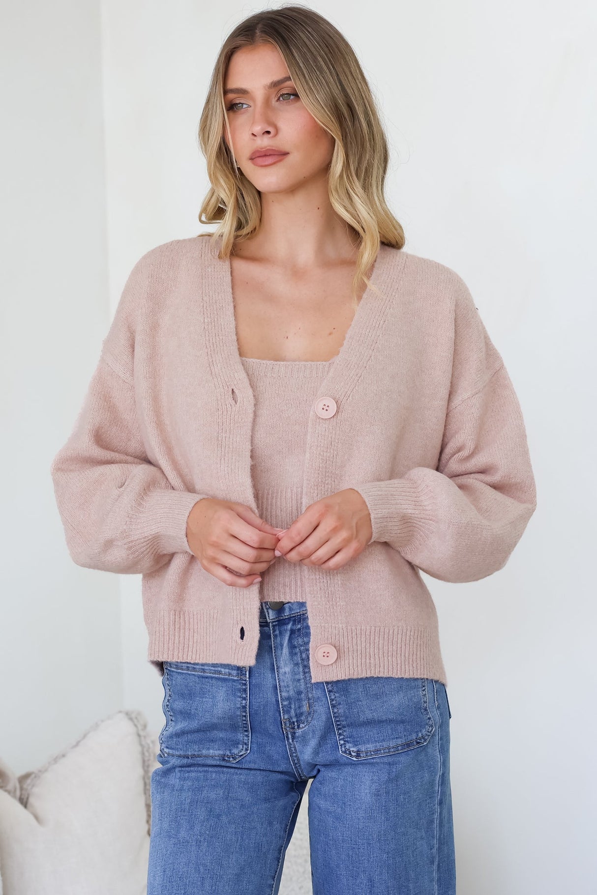 Indie Cardigan Set - Knit Top and Button Down Cardigan Set in Blush