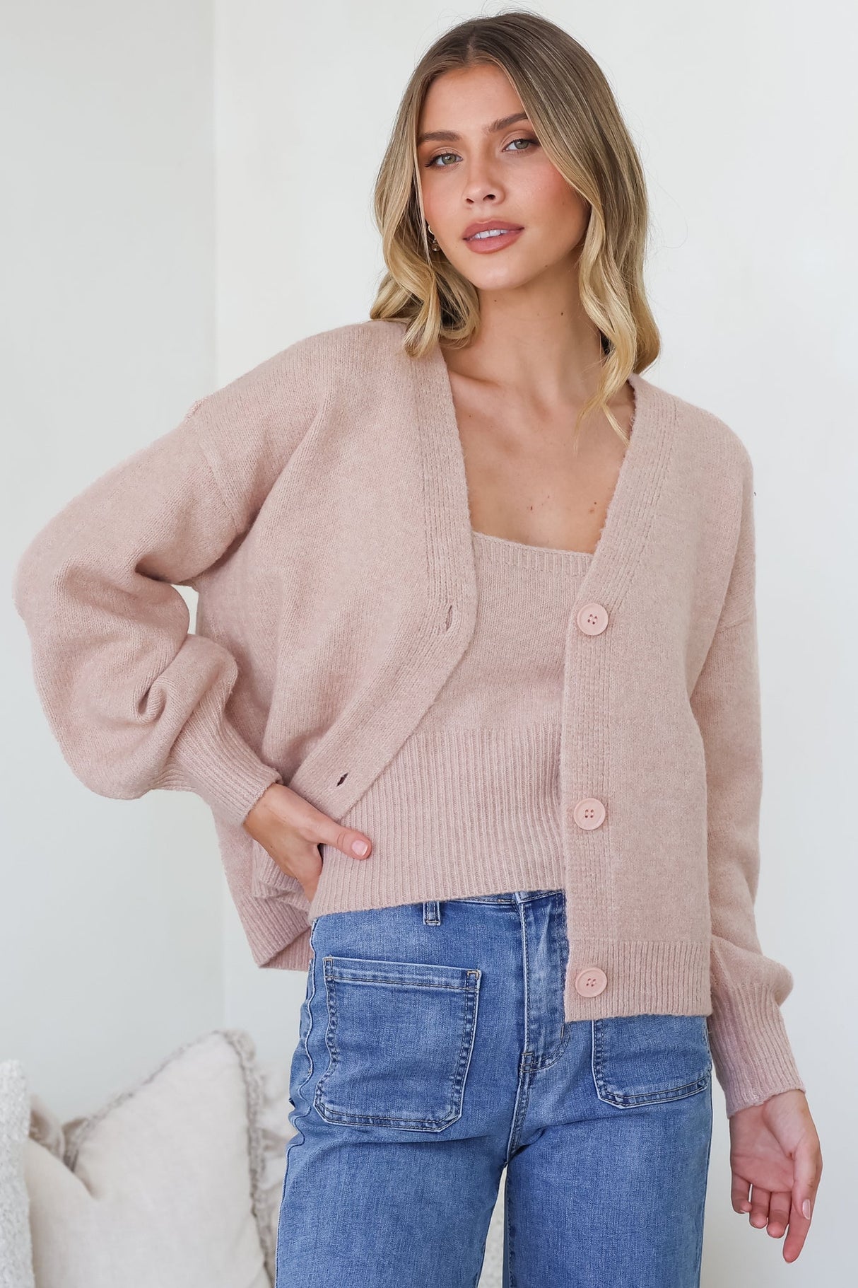 Indie Cardigan Set - Knit Top and Button Down Cardigan Set in Blush