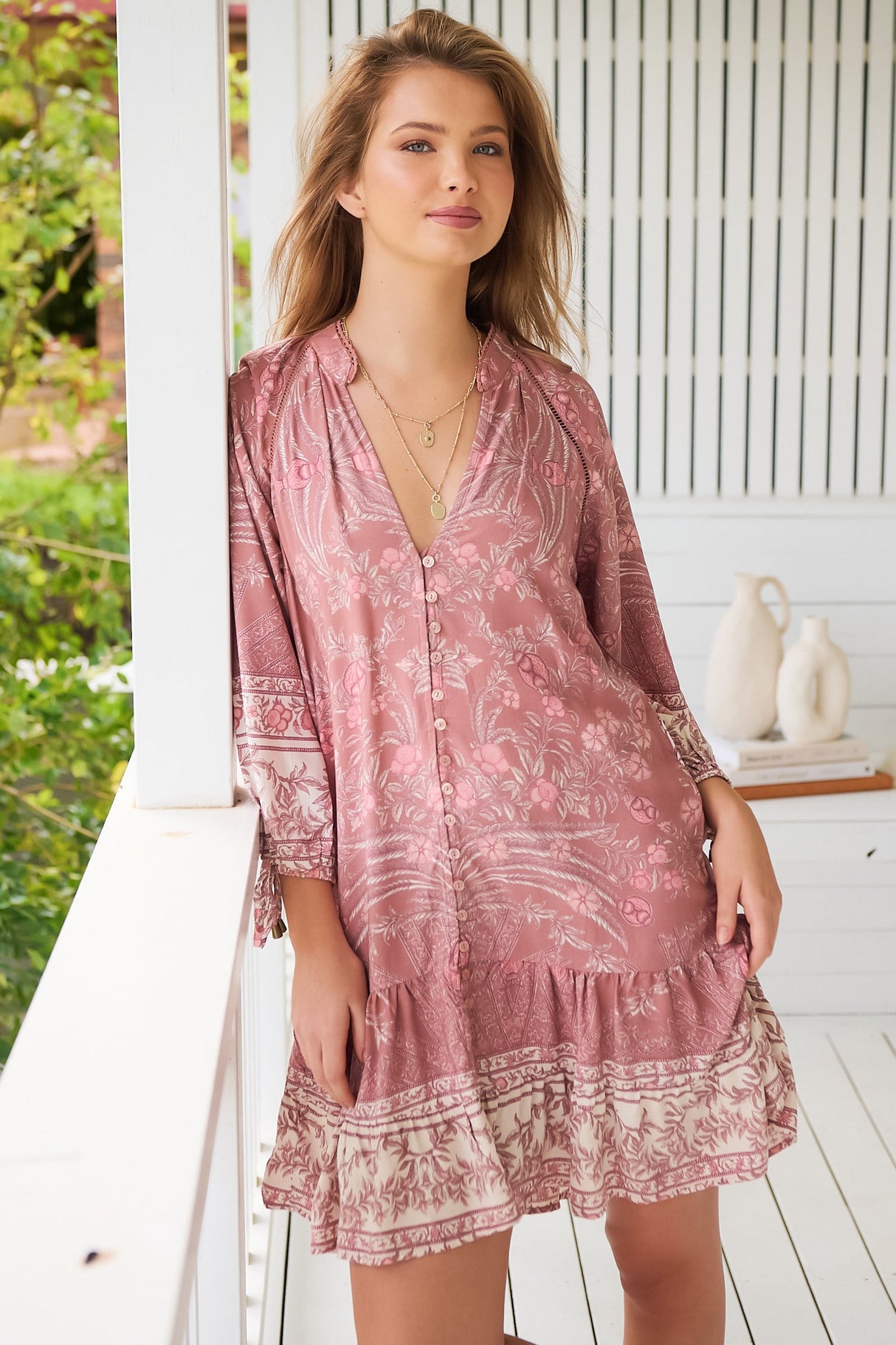 JAASE - Inka Mini Dress: Mandarin Collar Button Down Dress with Belt in Angelina Print