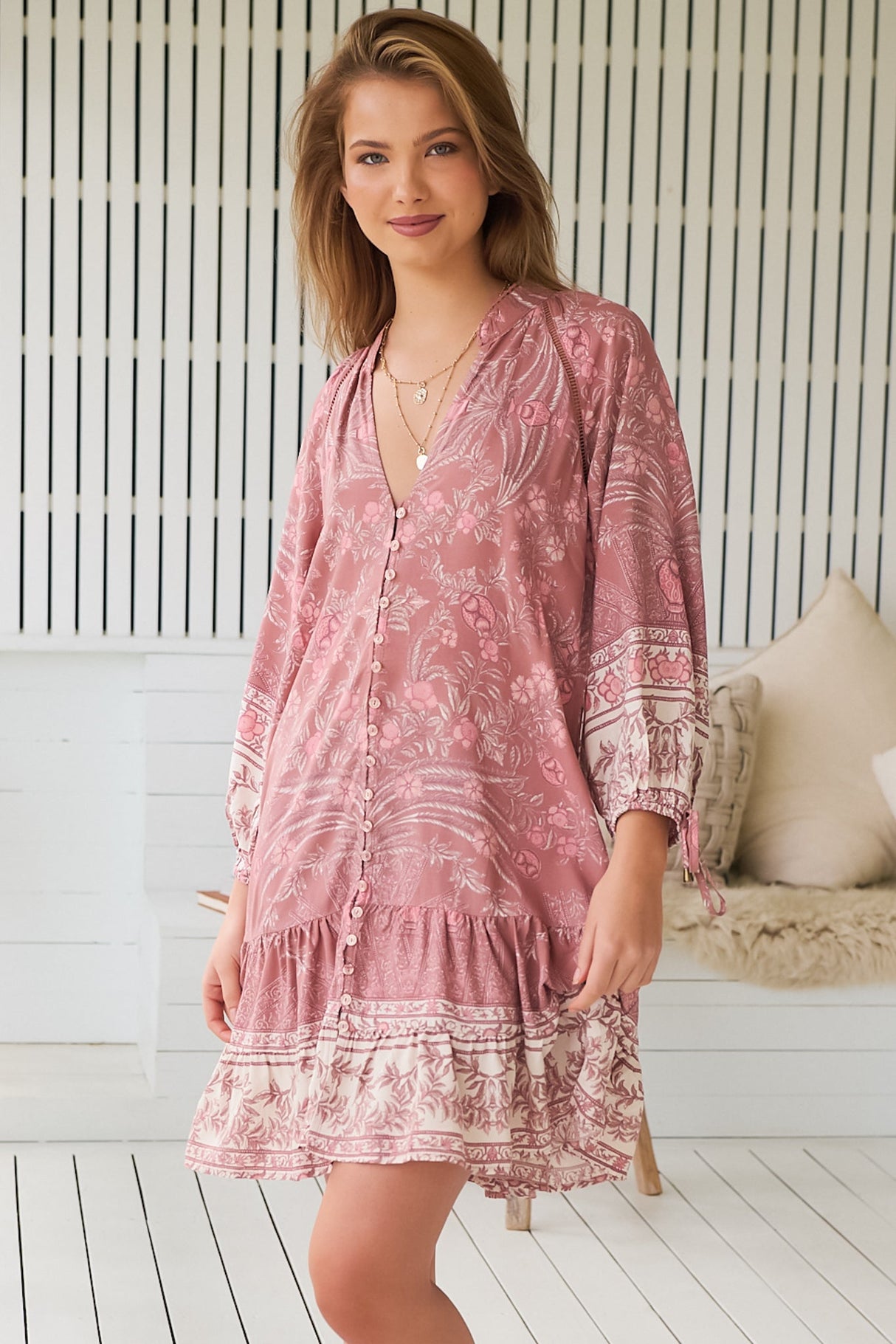 JAASE - Inka Mini Dress: Mandarin Collar Button Down Dress with Belt in Angelina Print