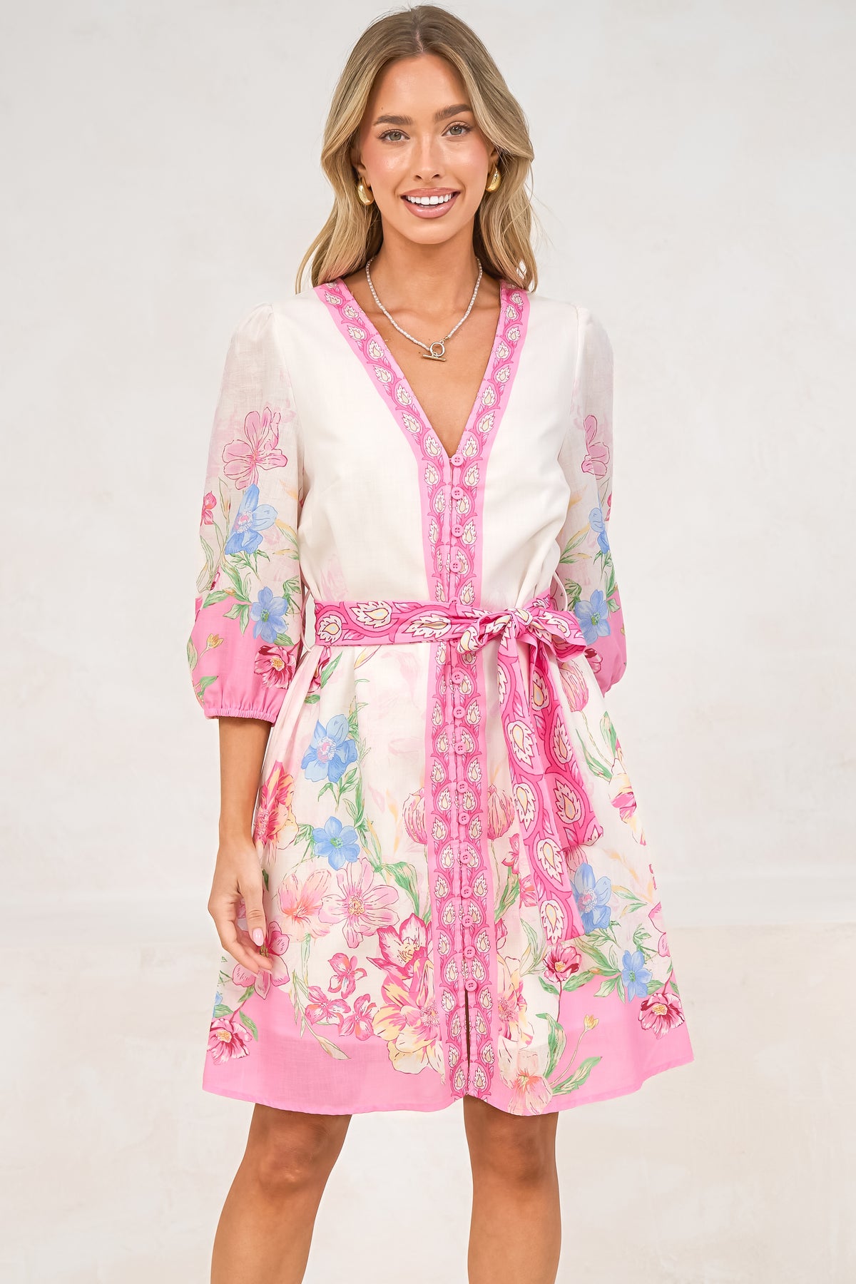 Iridesa Mini Dress - V Neck Button Down Dress with Waist Tie and Balloon Sleeves in Floretta Print
