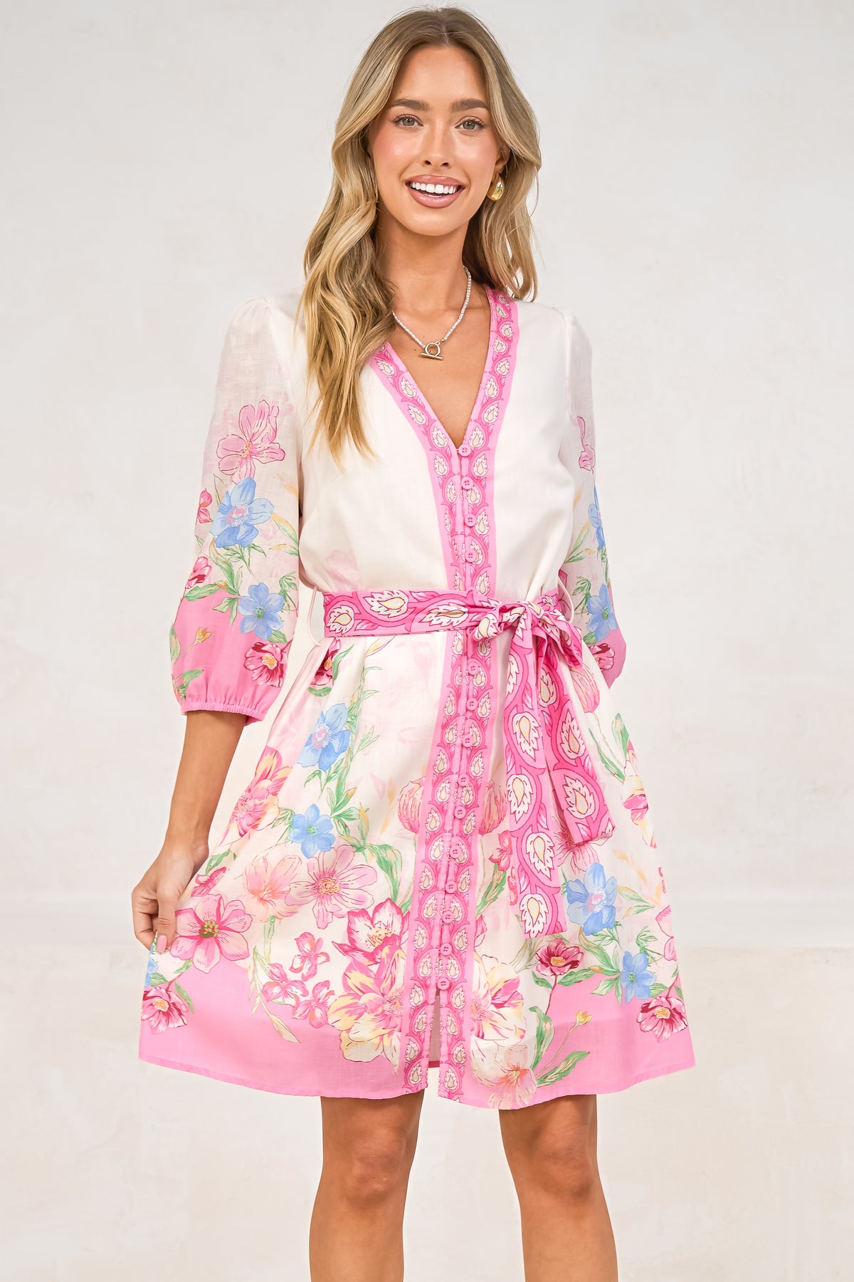 Iridesa Mini Dress - V Neck Button Down Dress with Waist Tie and Balloon Sleeves in Floretta Print