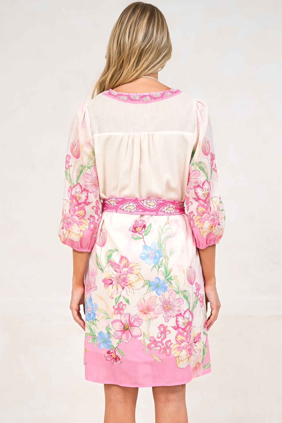 Iridesa Mini Dress - V Neck Button Down Dress with Waist Tie and Balloon Sleeves in Floretta Print