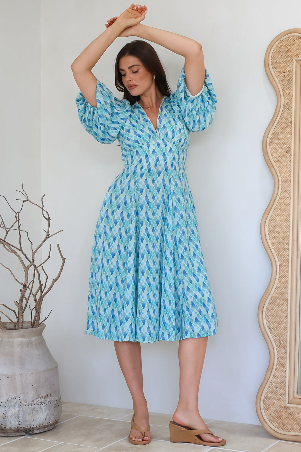Irisa Midi Dress - Lace Trim V-Neck A-Line Dress with Balloon Sleeves in Pasha Print