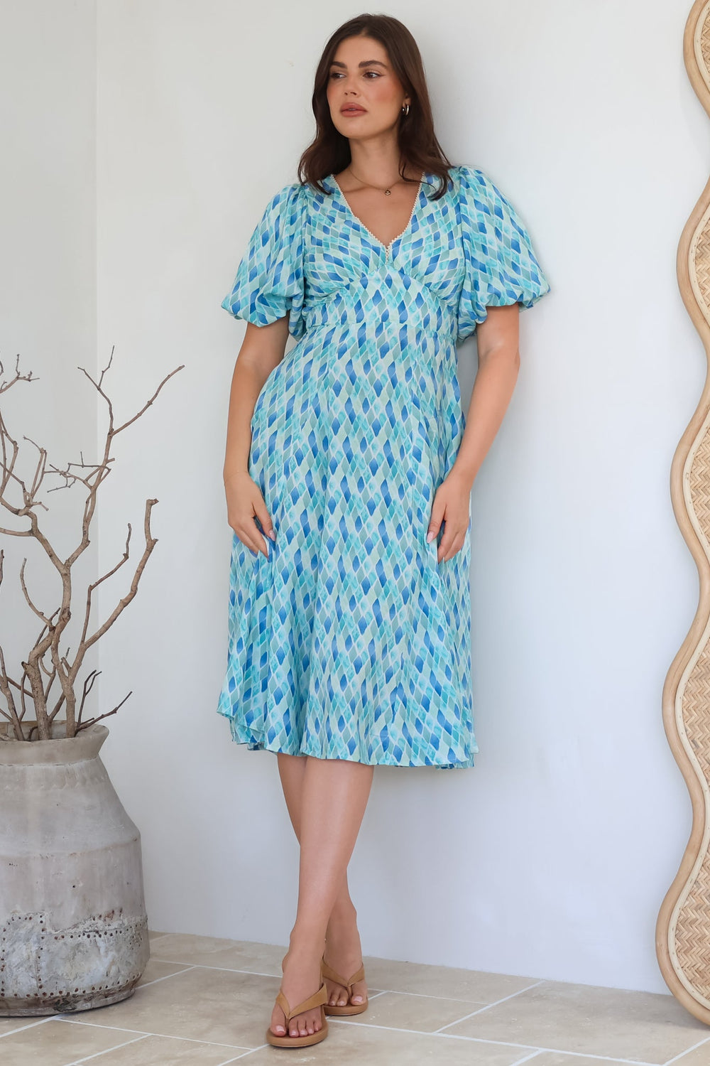 Irisa Midi Dress - Lace Trim V-Neck A-Line Dress with Balloon Sleeves in Pasha Print
