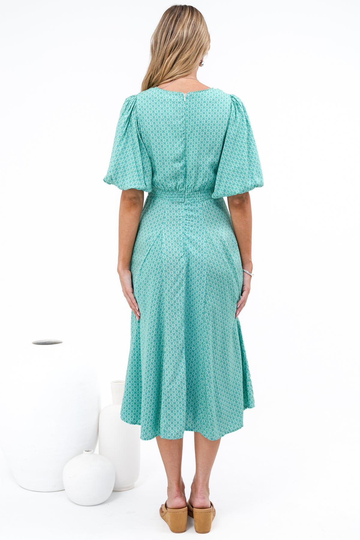 Irisa Midi Dress - Lace Trim V-Neck A-Line Dress with Balloon Sleeves in Belladore Print