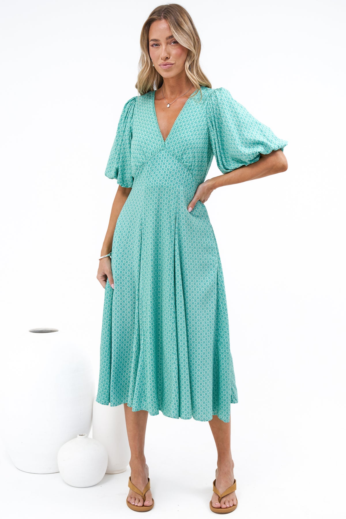 Irisa Midi Dress - Lace Trim V-Neck A-Line Dress with Balloon Sleeves in Belladore Print