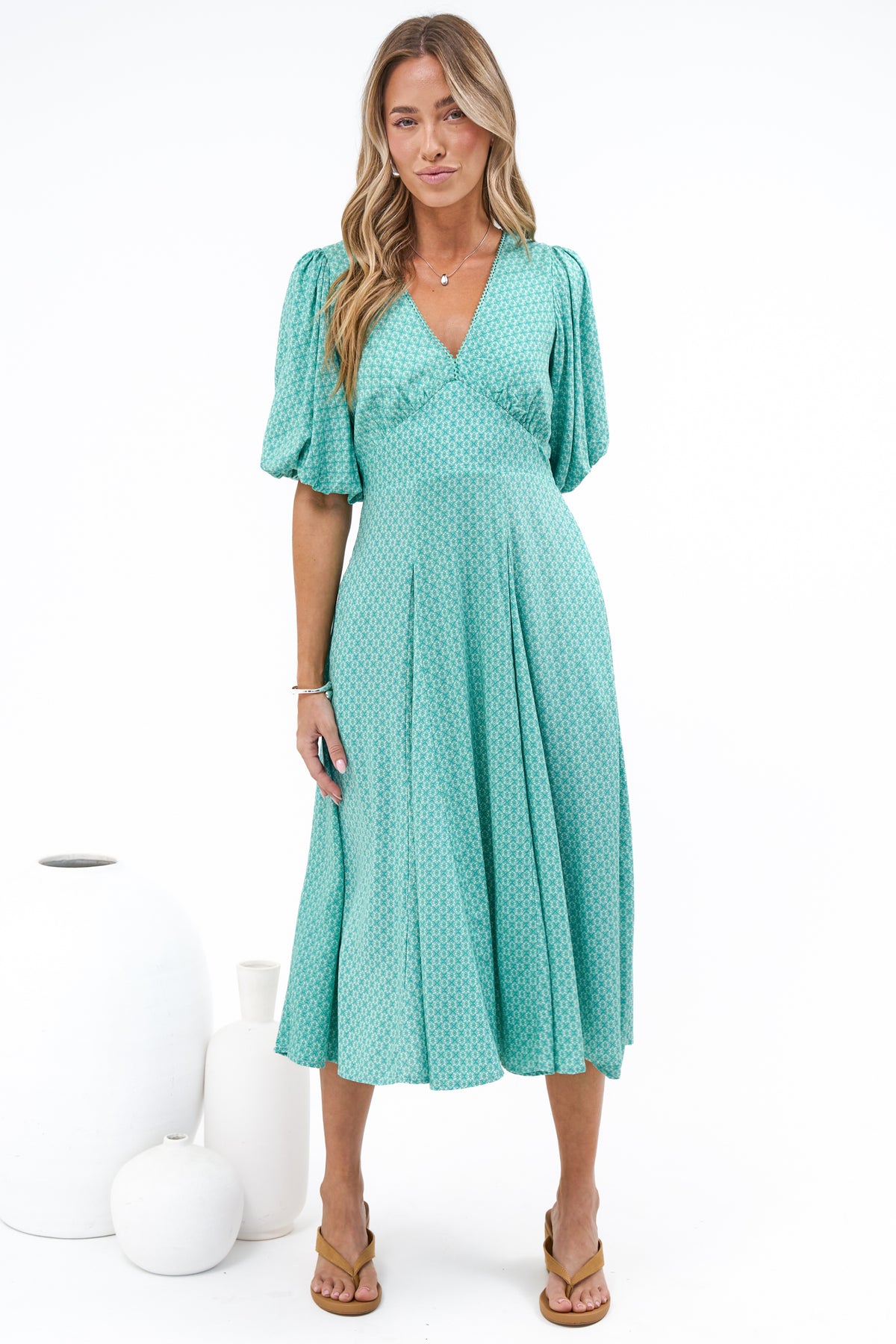 Irisa Midi Dress - Lace Trim V-Neck A-Line Dress with Balloon Sleeves in Belladore Print