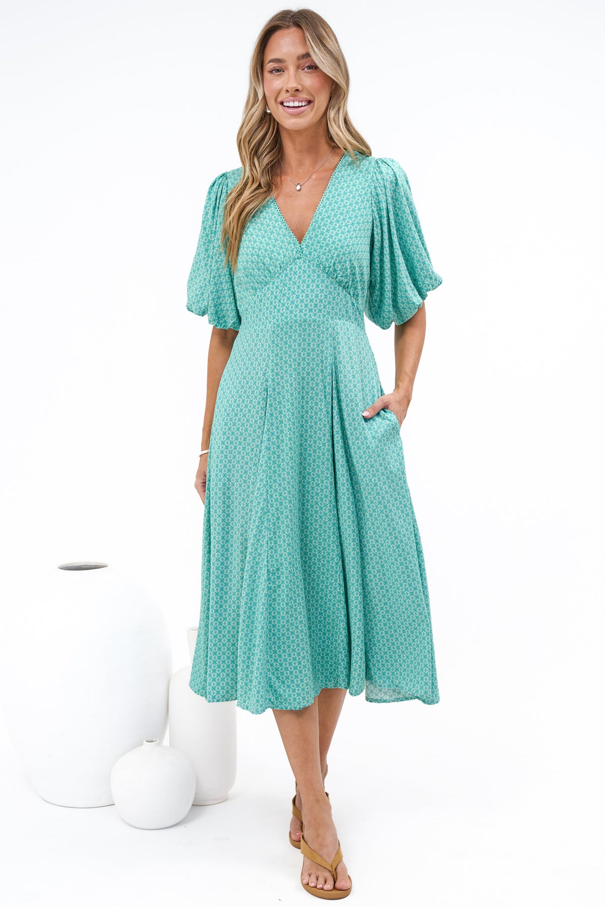 Irisa Midi Dress - Lace Trim V-Neck A-Line Dress with Balloon Sleeves in Belladore Print