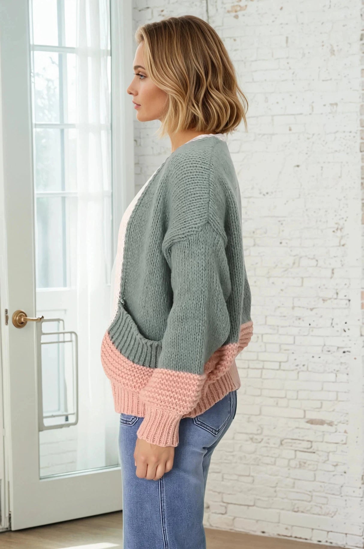 Isa Cardigan - Colour Block Open Knit in Melon