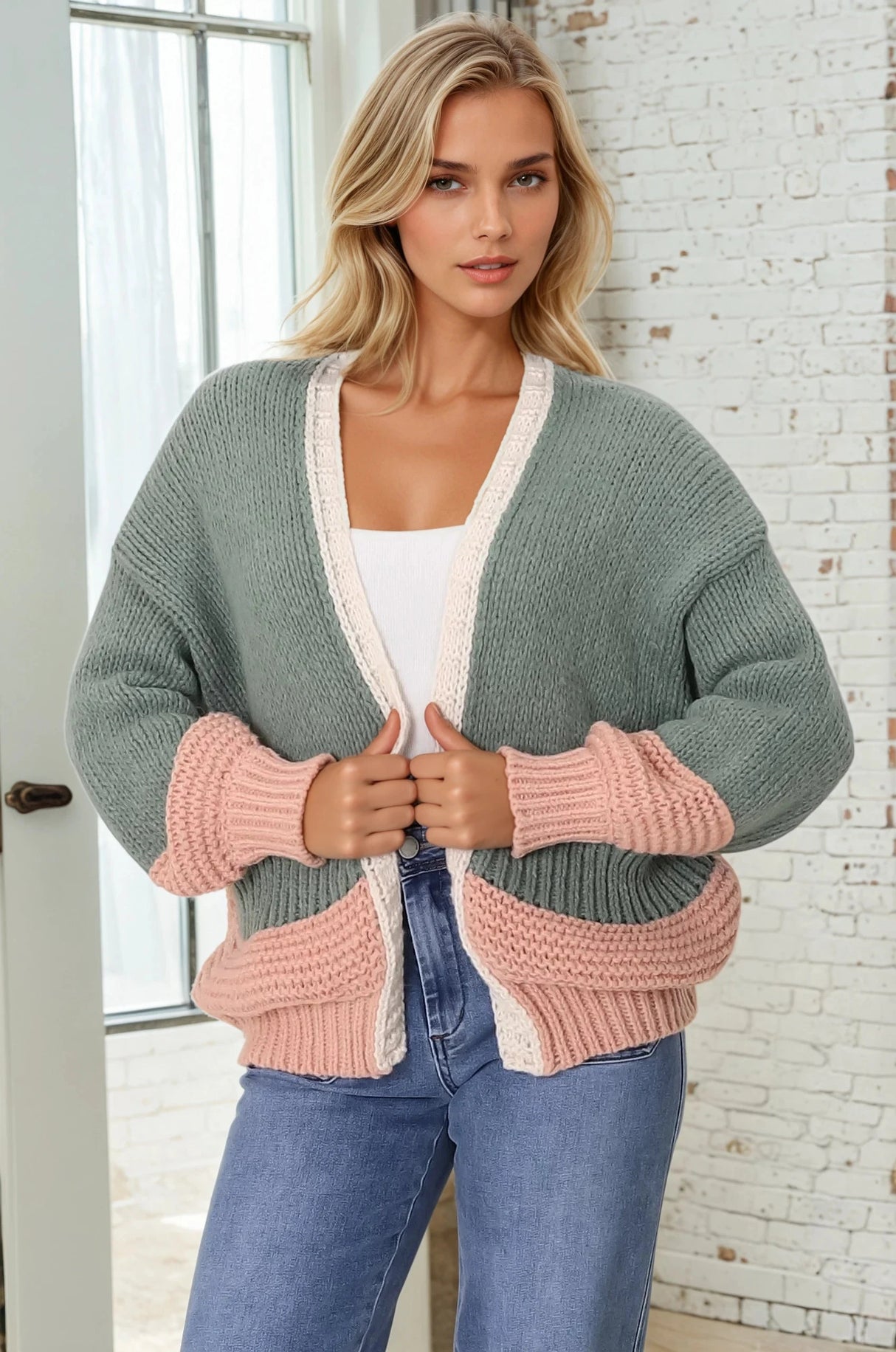 Isa Cardigan - Colour Block Open Knit in Melon