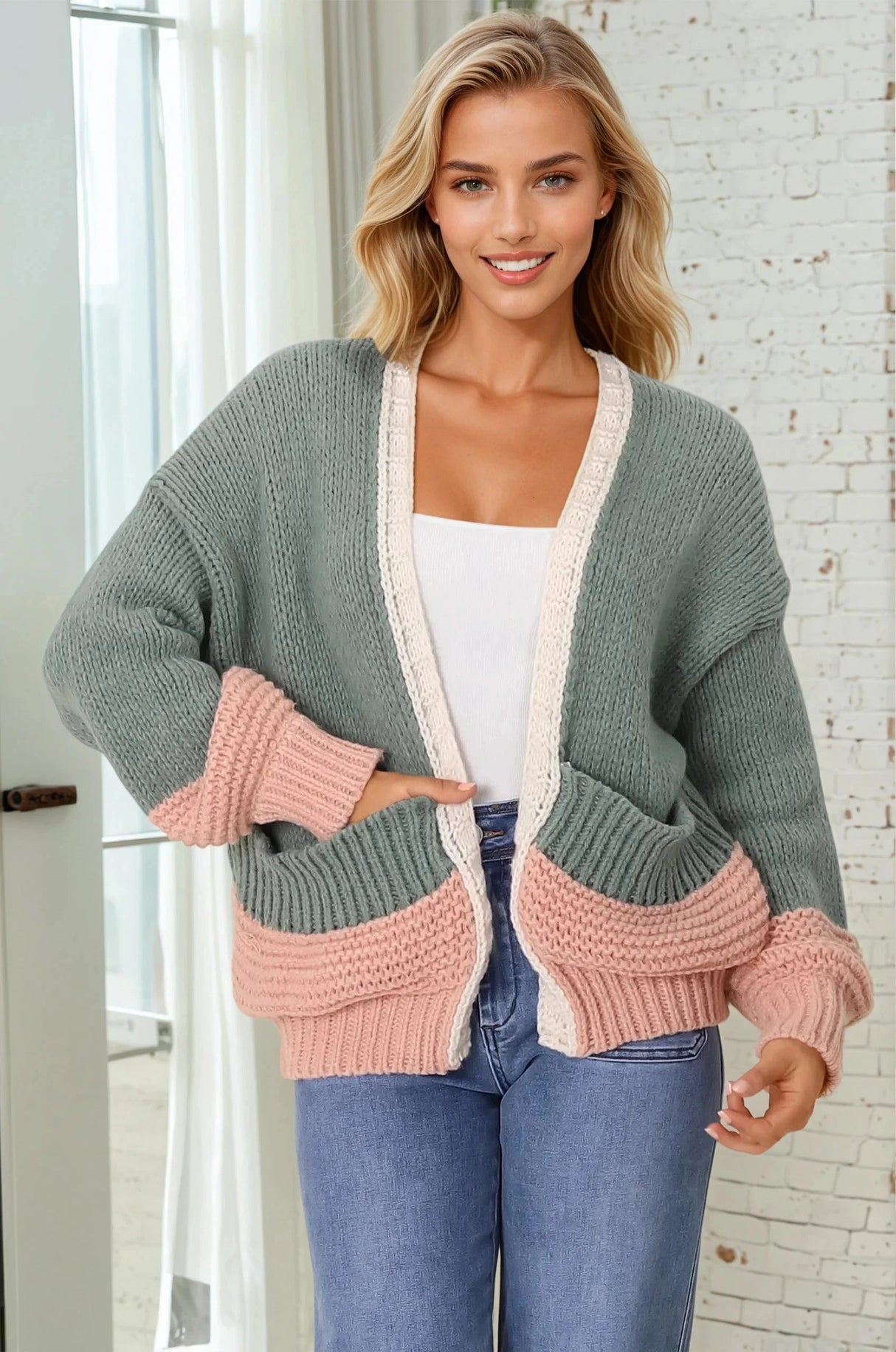 Isa Cardigan - Colour Block Open Knit in Melon