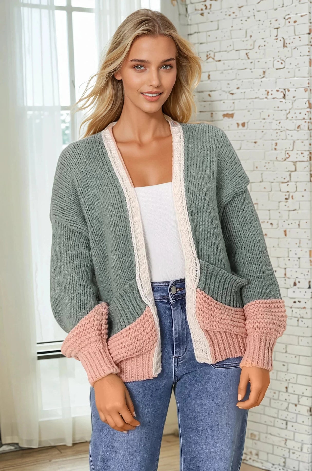 Isa Cardigan - Colour Block Open Knit in Melon