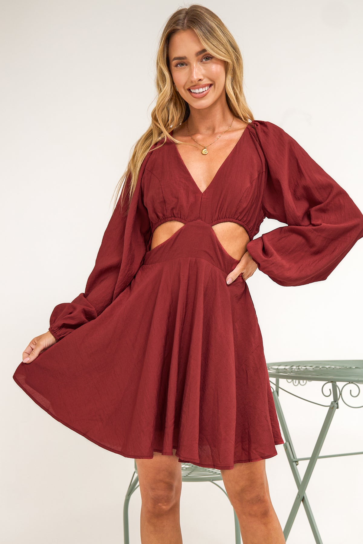 Isabeau Mini Dress - Cutout Waist Fit and Flare Dress with Long Balloon Sleeves in Wine
