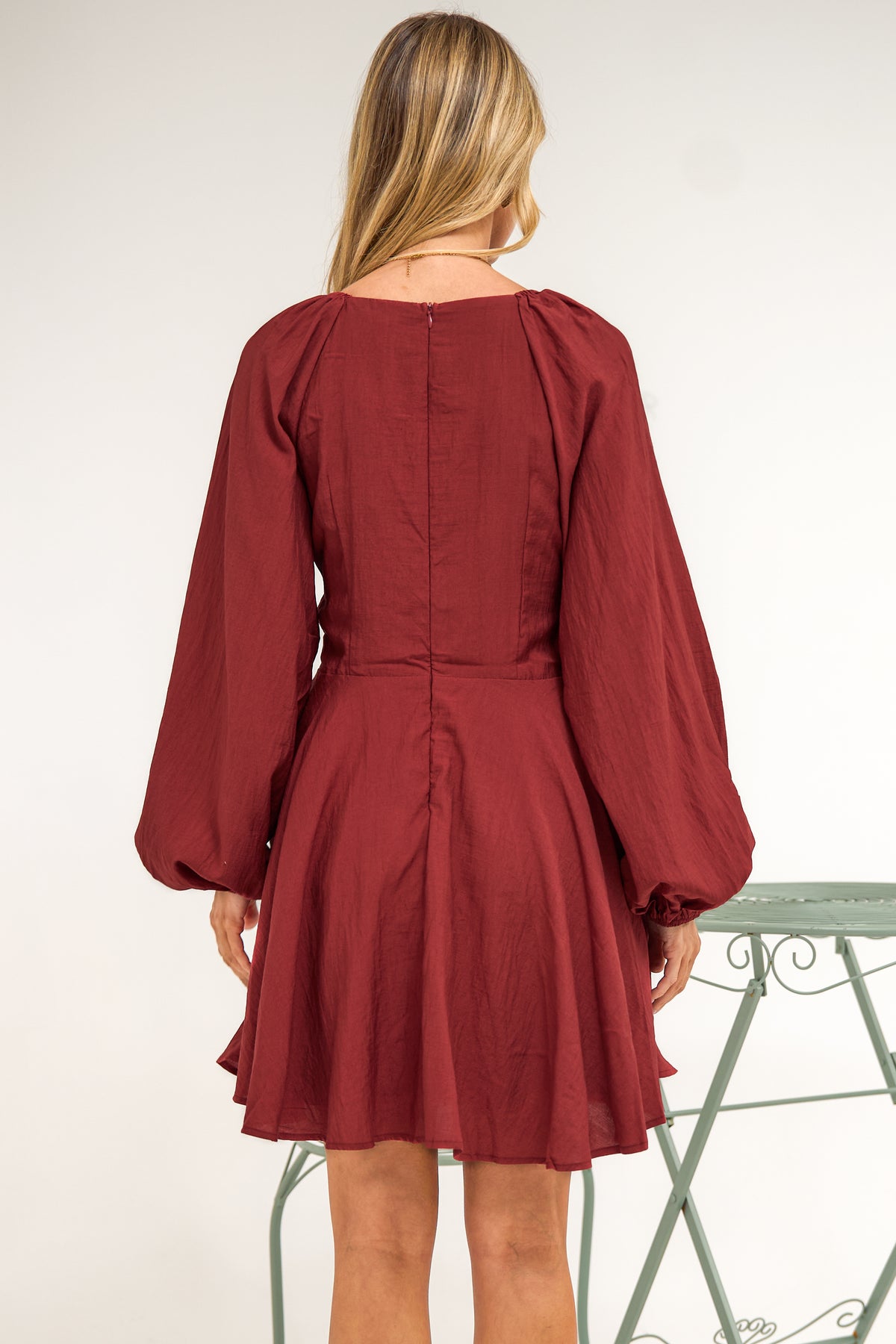 Isabeau Mini Dress - Cutout Waist Fit and Flare Dress with Long Balloon Sleeves in Wine